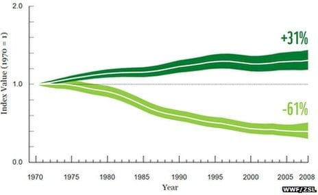 The health of temperate ecosystems (dark green) has risen since 1970